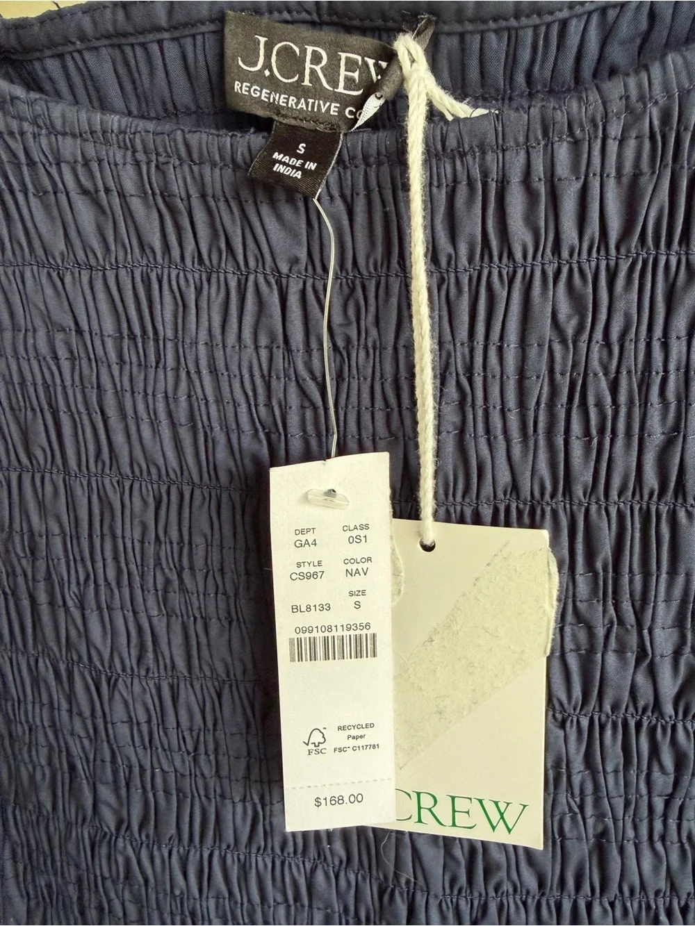 J.Crew Lina Smocked Midi Dress Navy Cotton Sleeveless NWT Size Small
